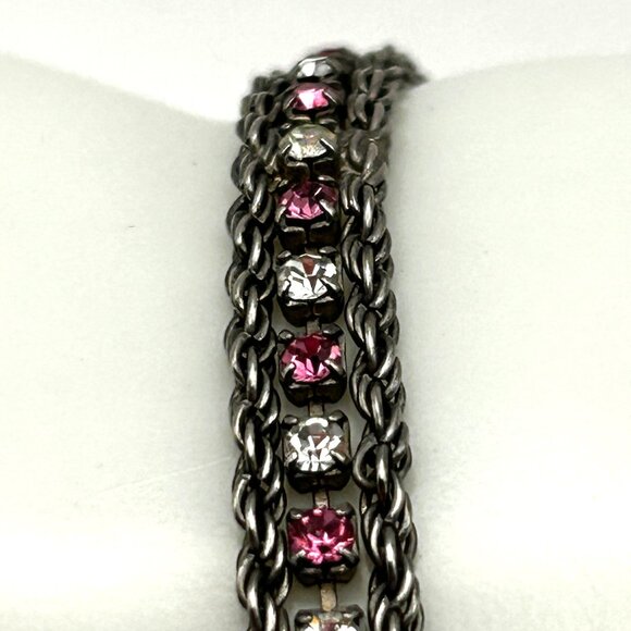 Vintage Sterling Silver 925 Rope Chain Bracelet Pink & Clear Rhinestones 7.25” - Picture 7 of 11